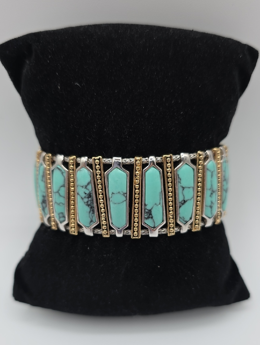 Lia Sophia Faux Turquoise and Gold And Silver Tone Stretch Bracelet